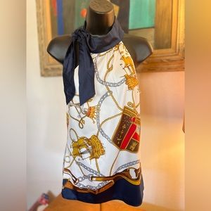 New York & Company Navy and Gold Chain Pattern Blouse